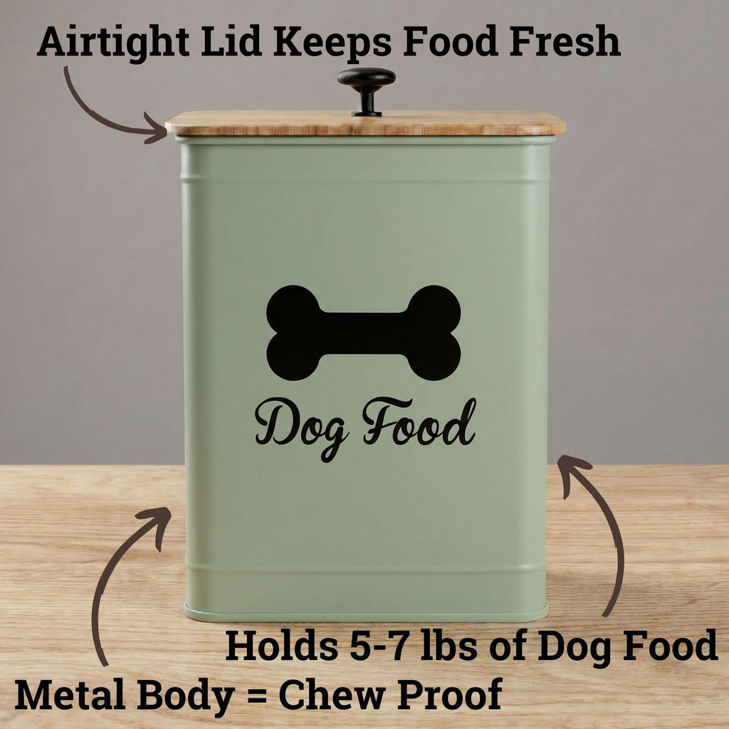 Metal Dog Food Container 5-7lb, 25 Cup w/ Airtight Bamboo Lid, Metal Handle | Pet Jar For Dogs up to 50lbs, Airtight Bamboo Lid, Sturdy Comfortable Metal Handle, Powder Coated Iron, Kibble Storage Bin