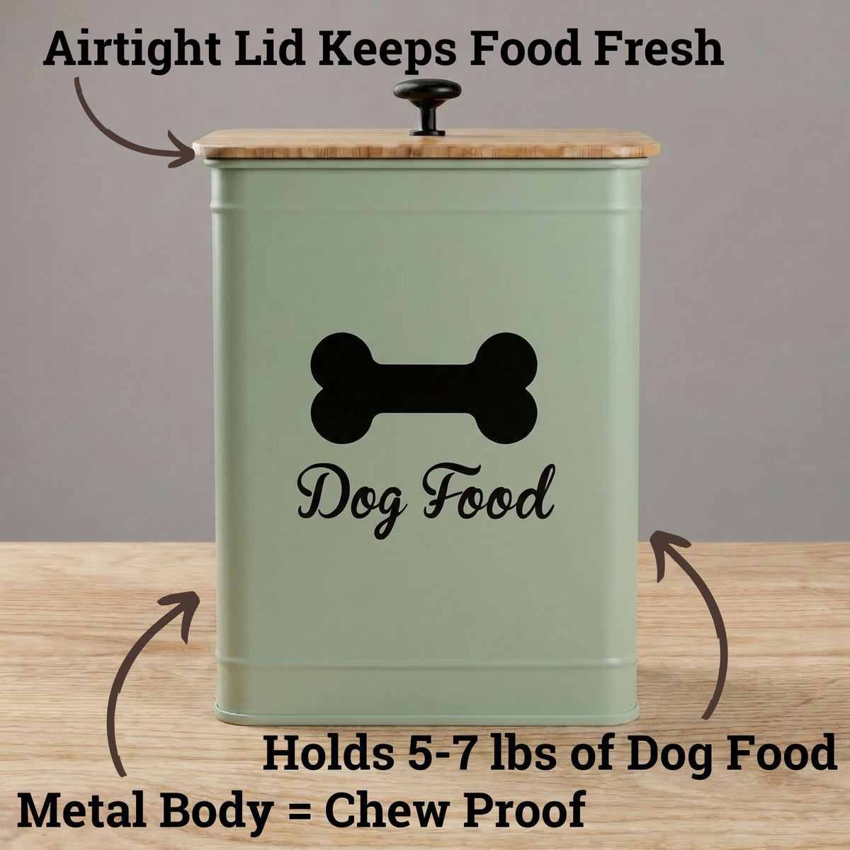 Metal Dog Food Container 5-7lb, 25 Cup w/ Airtight Bamboo Lid, Metal Handle | Pet Jar For Dogs up to 50lbs, Airtight Bamboo Lid, Sturdy Comfortable Metal Handle, Powder Coated Iron, Kibble Storage Bin