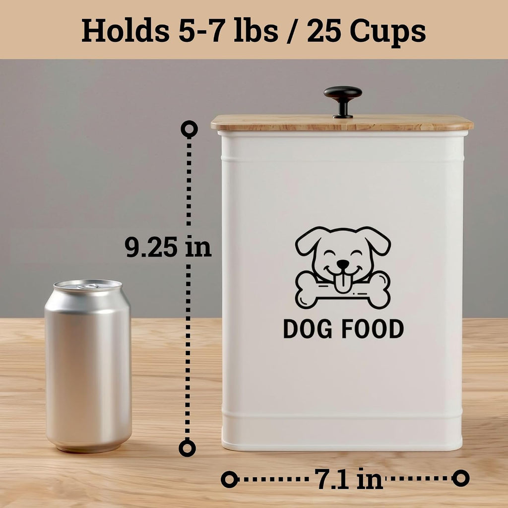 Metal Dog Food Container 5-7lb, 25 Cup w/ Airtight Bamboo Lid, Metal Handle | Pet Jar For Dogs up to 50lbs, Airtight Bamboo Lid, Sturdy Comfortable Metal Handle, Powder Coated Iron, Kibble Storage Bin