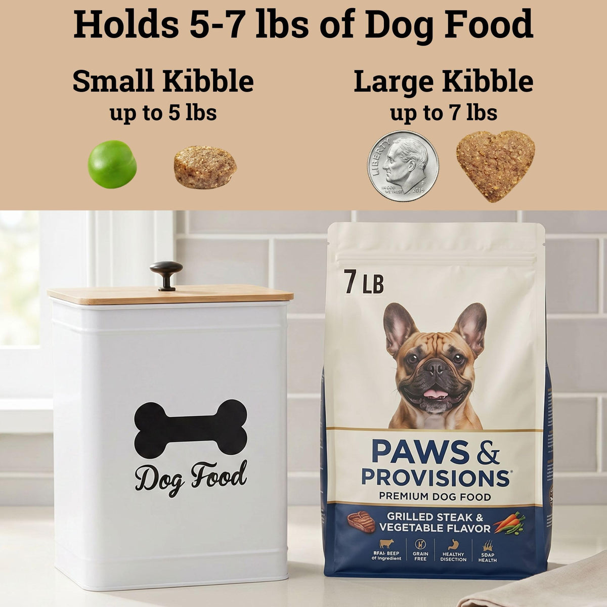 Metal Dog Food Container 5-7lb, 25 Cup w/ Airtight Bamboo Lid, Metal Handle | Pet Jar For Dogs up to 50lbs, Airtight Bamboo Lid, Sturdy Comfortable Metal Handle, Powder Coated Iron, Kibble Storage Bin