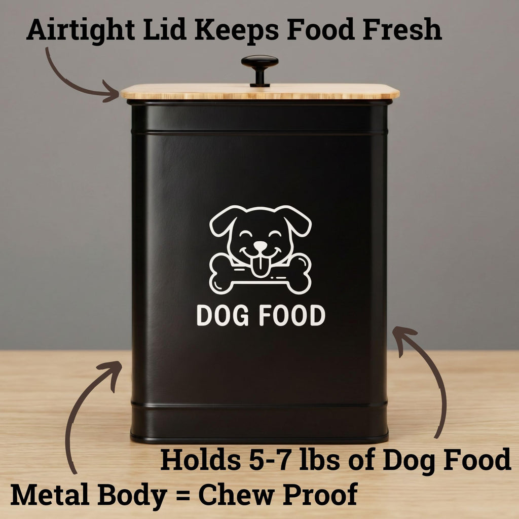 Metal Dog Food Container 5-7lb, 25 Cup w/ Airtight Bamboo Lid, Metal Handle | Pet Jar For Dogs up to 50lbs, Airtight Bamboo Lid, Sturdy Comfortable Metal Handle, Powder Coated Iron, Kibble Storage Bin
