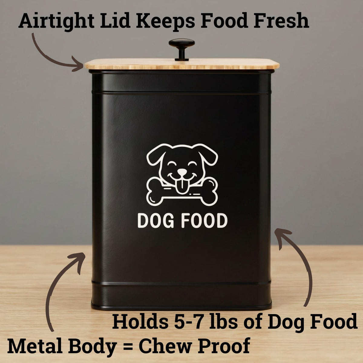 Metal Dog Food Container 5-7lb, 25 Cup w/ Airtight Bamboo Lid, Metal Handle | Pet Jar For Dogs up to 50lbs, Airtight Bamboo Lid, Sturdy Comfortable Metal Handle, Powder Coated Iron, Kibble Storage Bin