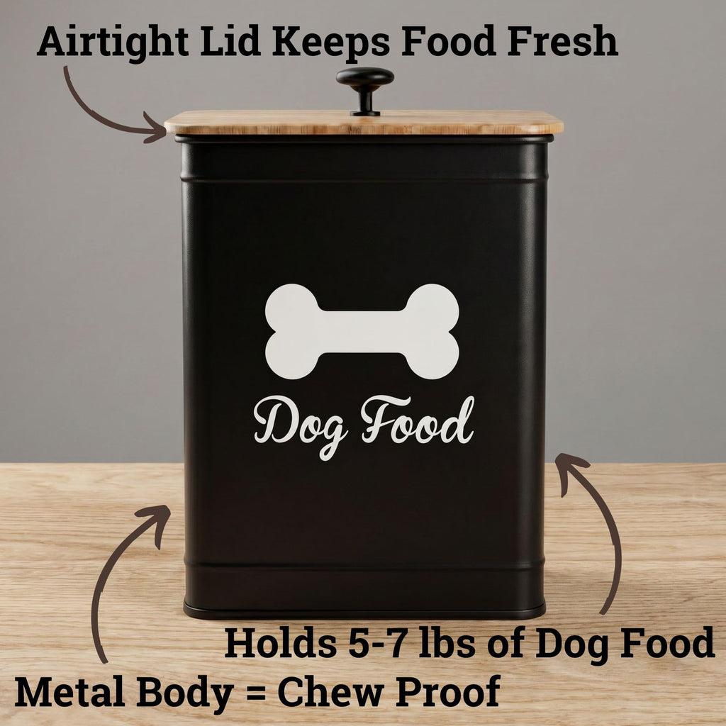 Metal Dog Food Container 5-7lb, 25 Cup w/ Airtight Bamboo Lid, Metal Handle | Pet Jar For Dogs up to 50lbs, Airtight Bamboo Lid, Sturdy Comfortable Metal Handle, Powder Coated Iron, Kibble Storage Bin
