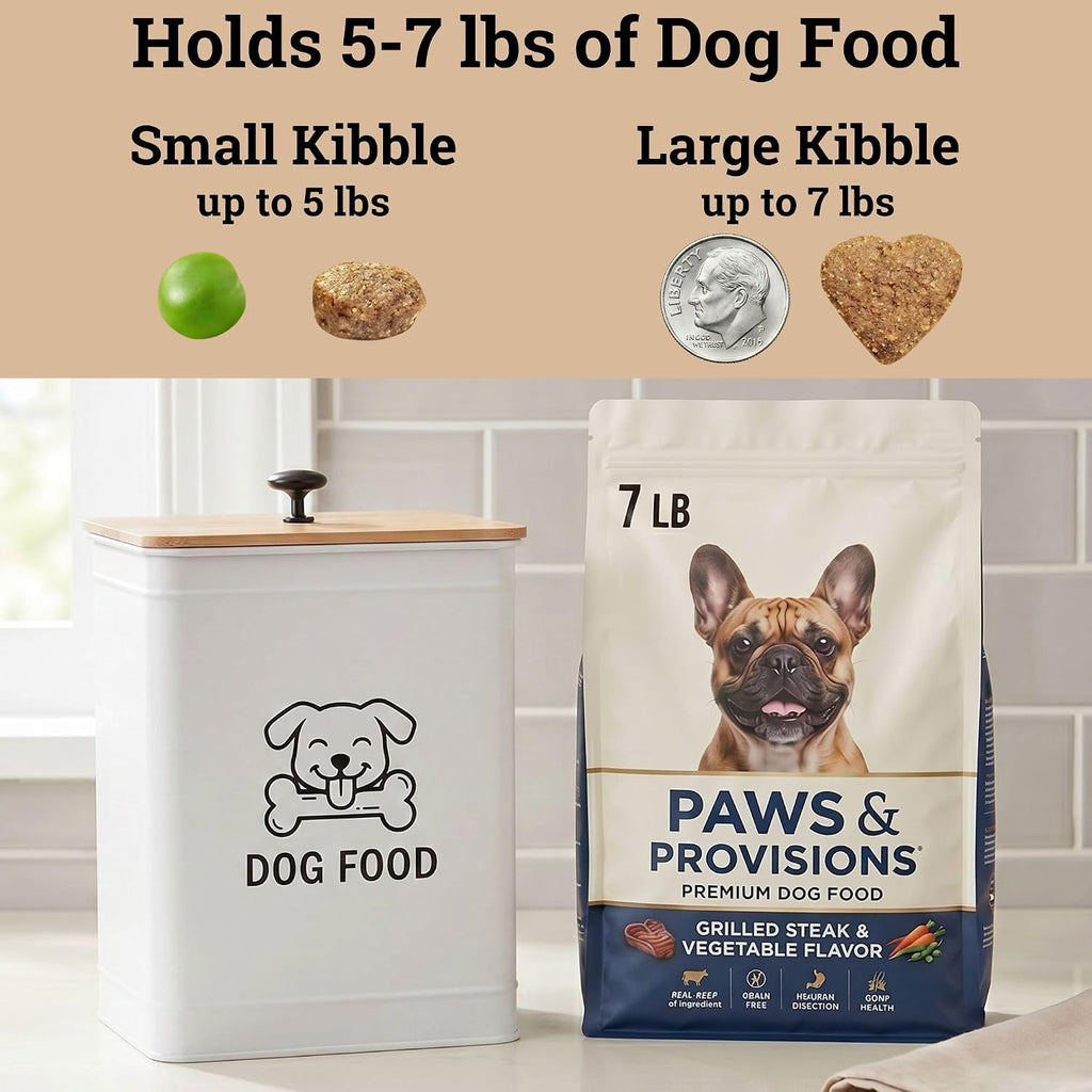 Metal Dog Food Container 5-7lb, 25 Cup w/ Airtight Bamboo Lid, Metal Handle | Pet Jar For Dogs up to 50lbs, Airtight Bamboo Lid, Sturdy Comfortable Metal Handle, Powder Coated Iron, Kibble Storage Bin