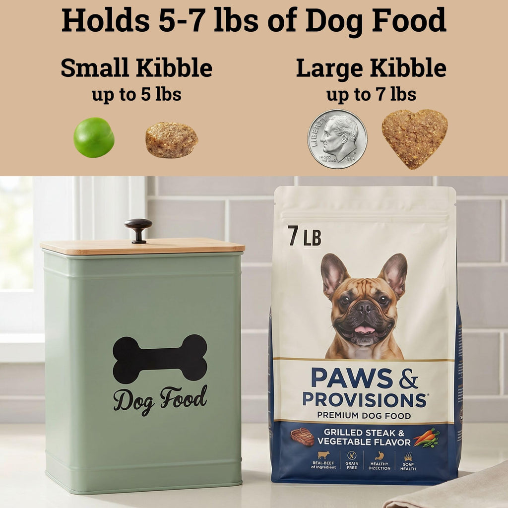 Metal Dog Food Container 5-7lb, 25 Cup w/ Airtight Bamboo Lid, Metal Handle | Pet Jar For Dogs up to 50lbs, Airtight Bamboo Lid, Sturdy Comfortable Metal Handle, Powder Coated Iron, Kibble Storage Bin