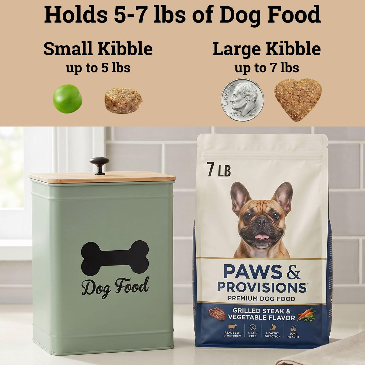 Metal Dog Food Container 5-7lb, 25 Cup w/ Airtight Bamboo Lid, Metal Handle | Pet Jar For Dogs up to 50lbs, Airtight Bamboo Lid, Sturdy Comfortable Metal Handle, Powder Coated Iron, Kibble Storage Bin