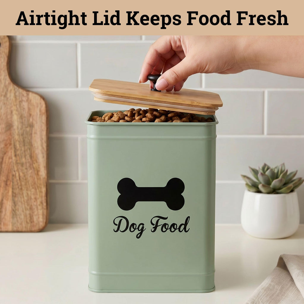 Metal Dog Food Container 5-7lb, 25 Cup w/ Airtight Bamboo Lid, Metal Handle | Pet Jar For Dogs up to 50lbs, Airtight Bamboo Lid, Sturdy Comfortable Metal Handle, Powder Coated Iron, Kibble Storage Bin