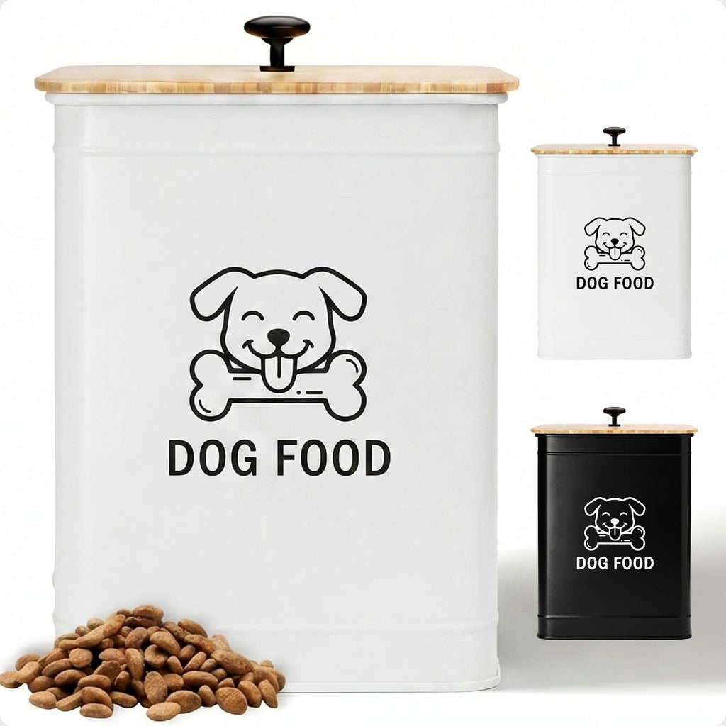 Metal Dog Food Container 5-7lb, 25 Cup w/ Airtight Bamboo Lid, Metal Handle | Pet Jar For Dogs up to 50lbs, Airtight Bamboo Lid, Sturdy Comfortable Metal Handle, Powder Coated Iron, Kibble Storage Bin