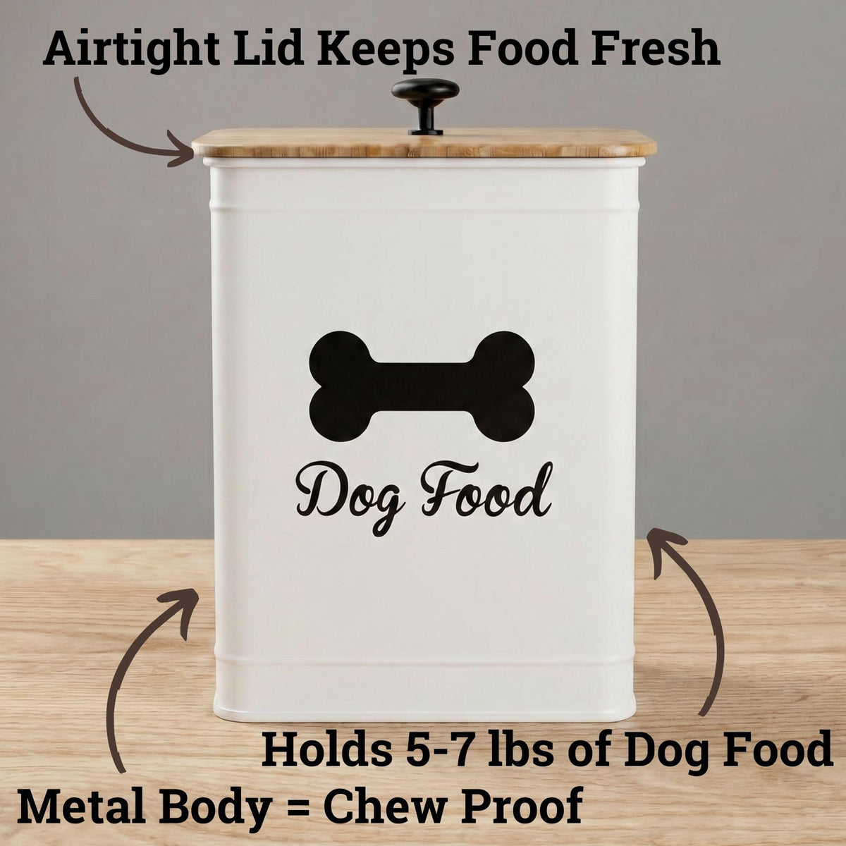 Metal Dog Food Container 5-7lb, 25 Cup w/ Airtight Bamboo Lid, Metal Handle | Pet Jar For Dogs up to 50lbs, Airtight Bamboo Lid, Sturdy Comfortable Metal Handle, Powder Coated Iron, Kibble Storage Bin