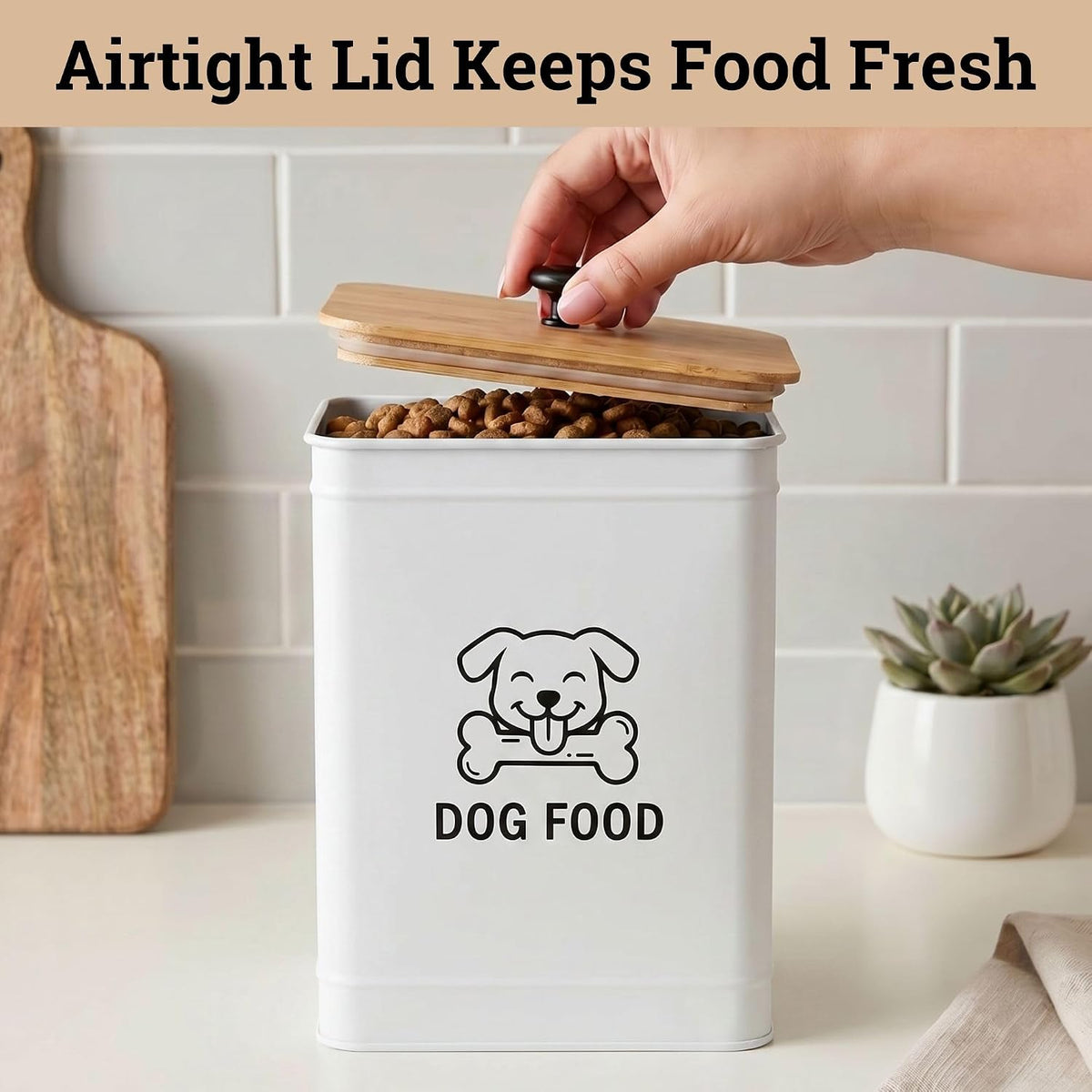 Metal Dog Food Container 5-7lb, 25 Cup w/ Airtight Bamboo Lid, Metal Handle | Pet Jar For Dogs up to 50lbs, Airtight Bamboo Lid, Sturdy Comfortable Metal Handle, Powder Coated Iron, Kibble Storage Bin